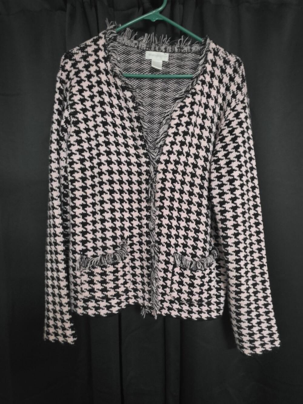 Worthington Pink Black Houndstooth Fringe Cardigan Jacket XL
